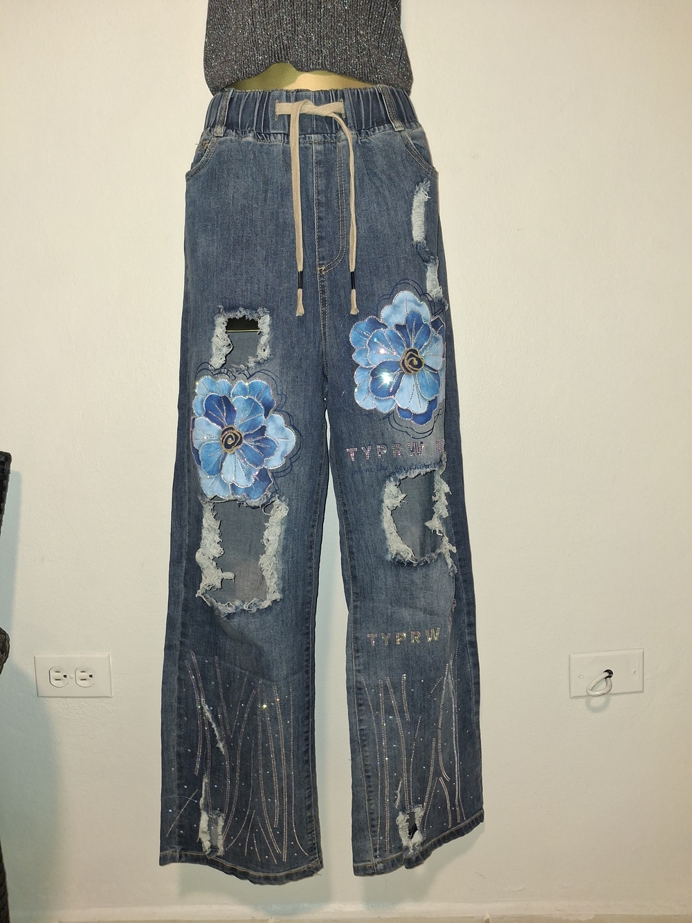 Blue Floral Distressed Wide-Leg Jeans with Drawstring Waist